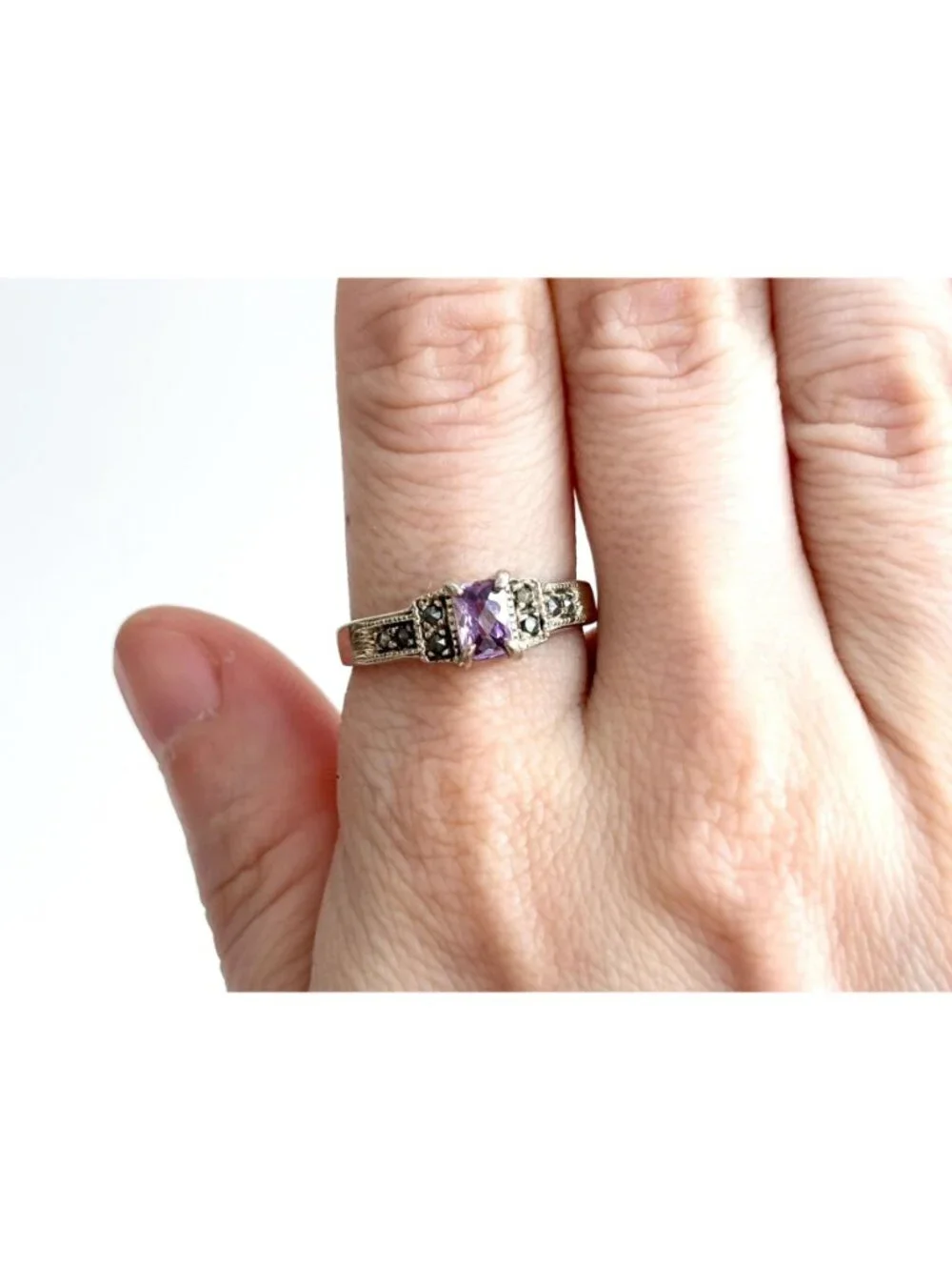 Art Deco Amethyst Gemstone Marcasite Sterling Silver 925 Vintage Ring - sz 9